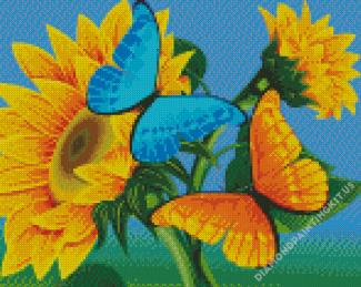 Blue Orange Butterflies On Sunflower Diamond Paintings