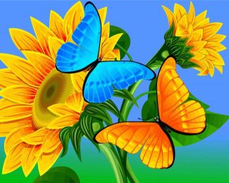 Blue Orange Butterflies On Sunflower Diamond Paintings