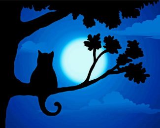 Cat Sitting On Branch Of Tree Silhouette Diamond Paintings