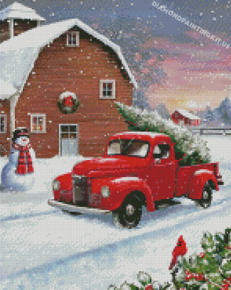 Christmas Red Truck In Snow Diamond Paintings