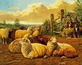 Sheep And Dog In The Farm Diamond Paintings