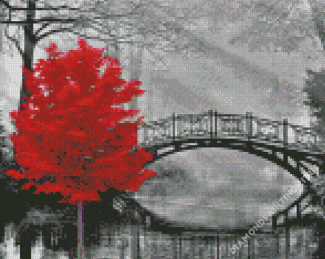 Bridge With Red Tree Diamond Paintings