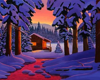 Lodge In The Snow At Sunset Diamond Paintings