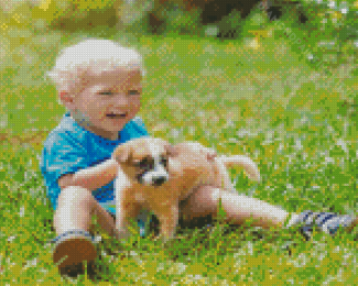 Little Blonde Toddler Boy With Puppy Diamond Paintings