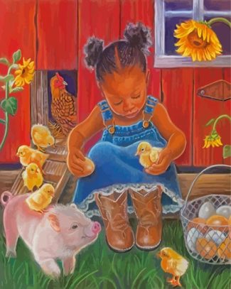 Black Baby Girl Playing With Farm Animals Diamond Paintings