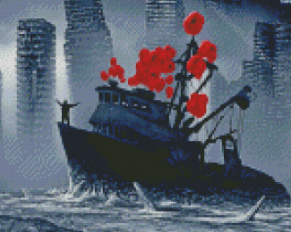 Aesthetic Black And White Boat With Red Balloons Diamond Paintings