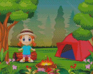 Cartoon A Little Girl Camping In A Forest Diamond Paintings