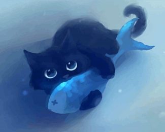 Cute Black Kitten And Fish Diamond Paintings