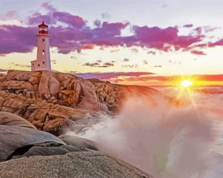 Cliffs With Lighthouse Sunset Diamond Paintings
