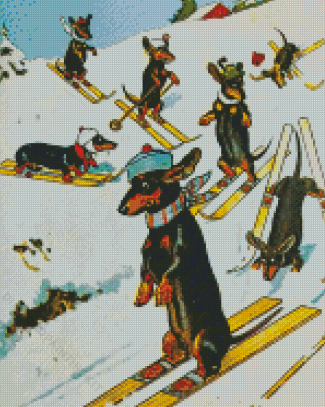 Dogs Skiing In Snow Diamond Paintings