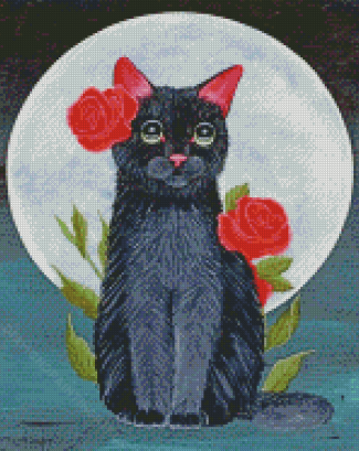 Aesthetic Cat And Rose Moon Diamond Paintings