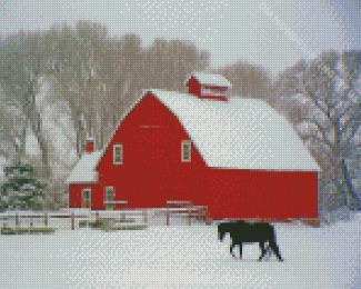Winter Red Barn Horse Diamond Paintings