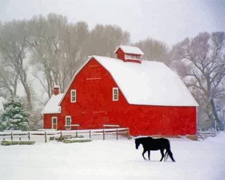 Winter Red Barn Horse Diamond Paintings