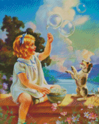 Little Girl Blowing Bubbles With Dog Diamond Painting