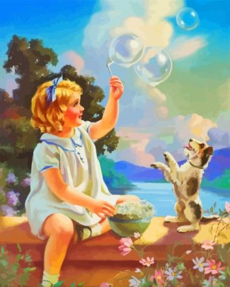 Little Girl Blowing Bubbles With Dog Diamond Painting