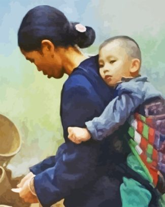 Vintage Asian Mother And Child Diamond Painting